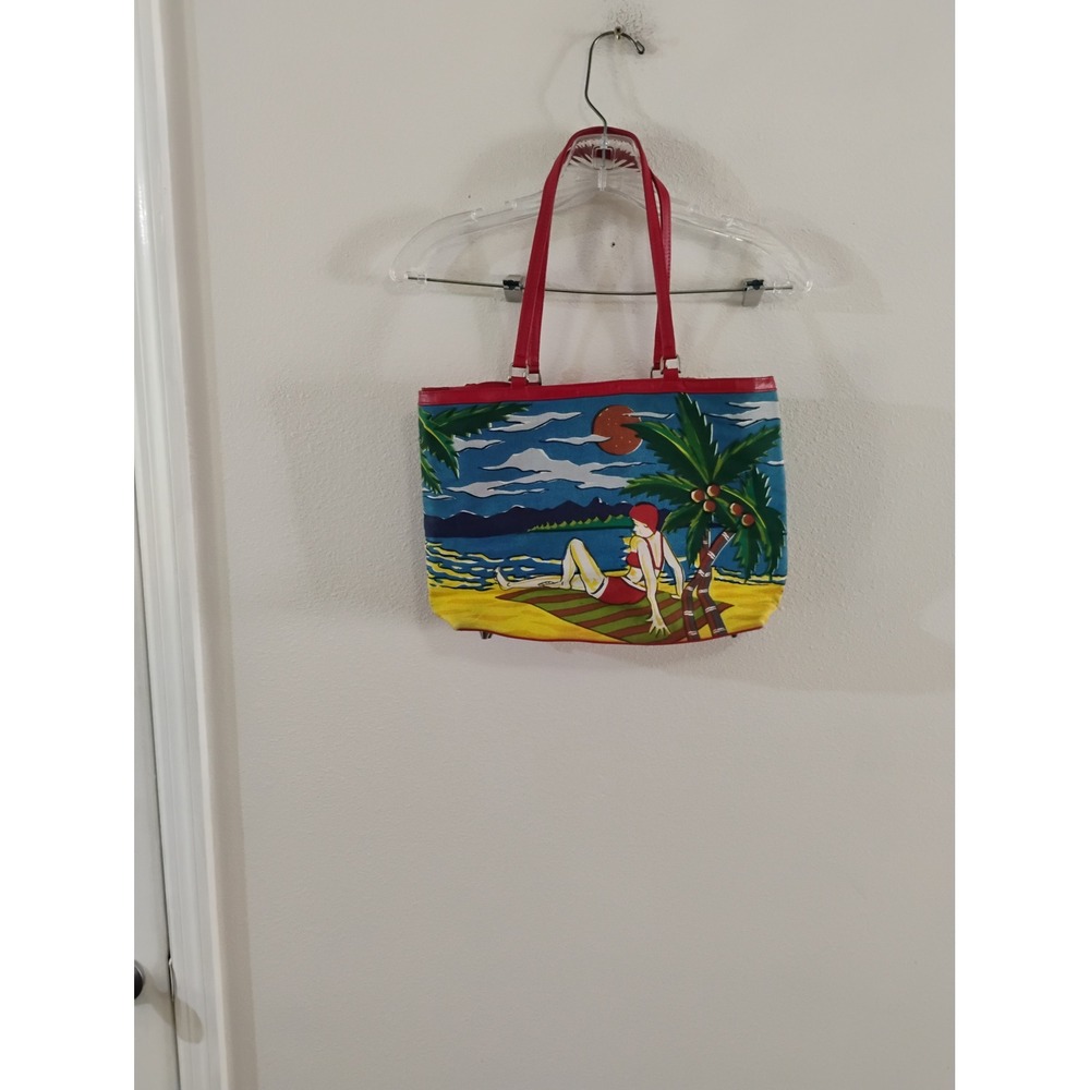 Christy Tropical Beach Scene Tote Bag Red Plaid Lining Embossed Graphic Purse
